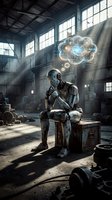 Thoughtful robot sitting in abandoned industrial warehouse with glowing brain cloud above head representing artificial intelligence and deep learning concepts.