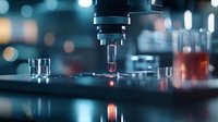 Automated laboratory equipment performing liquid sample analysis with precision pipetting system against blurred scientific background with test tubes.