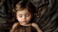 Peaceful sleeping child with curly hair lying on dark silk fabric, soft natural lighting creates dreamy atmosphere for childhood and innocence concepts.