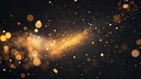 Golden glowing particles and bokeh lights floating on dark background, magical sparkles and dust creating ethereal atmosphere for festive designs.