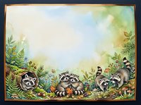 Curious raccoons explore lush forest floor surrounded by ferns, flowers and foliage in whimsical woodland scene. Perfect for children's books, nursery decor and nature-themed designs.