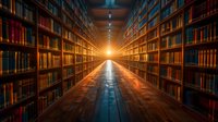 Endless rows of books in grand library with dramatic lighting and vanishing point perspective leading to glowing warm light at corridor end. Wooden floor reflects light.