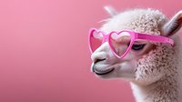 Cute white alpaca wearing pink heart-shaped sunglasses against pink background, side view portrait showing playful and trendy animal fashion concept.