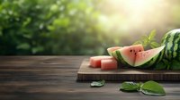 Fresh watermelon slices on rustic wooden cutting board with green leaves and natural bokeh background, summer refreshment concept for healthy eating.