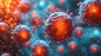 Microscopic view of orange viral particles with spike proteins floating in turquoise fluid, illuminated against blurred background for medical research.