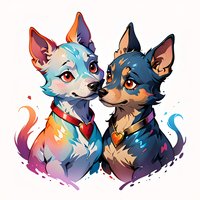 Colorful artistic portrait of two chihuahua puppies with fantasy style coloring and watercolor splashes, featuring vibrant gradients and expressive eyes on white background.