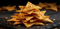Golden crispy tortilla chips stacked on dark slate surface with scattered crumbs, perfect for snacking, appetizers, and Mexican cuisine presentations.