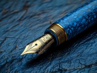 Luxury fountain pen with golden nib and blue marbled pattern on dark textured background. Close-up macro photography showcases elegant writing instrument details.