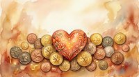 Watercolor heart with floral ornament surrounded by gold and copper coins on warm beige background, symbolizing love, wealth and financial prosperity.