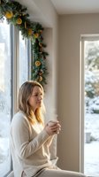 Young blonde woman in cozy cream sweater holding warm drink by window with festive Christmas garland featuring dried orange slices and pine cones in bright home.