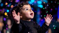 Young Latino boy with raised hands expressing joy and wonder against colorful bokeh lights background, capturing pure childhood excitement and holiday magic.