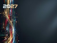 2027 new year digital technology background with glowing neon lines, binary code, and futuristic data streams for tech presentations and innovation concepts.