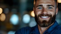 Confident young bearded professional man in blue collar shirt smiling warmly against blurred bokeh background, showing genuine happiness and success.