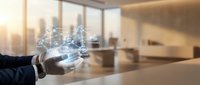 Businessman hand holding glowing digital network hologram with connected nodes in modern office workspace, representing technology innovation and business communication solutions.