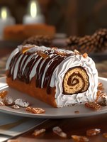 Chocolate and vanilla swiss roll cake with cream filling and caramel decorations on rustic wooden table with burning candles and pine cones in background.