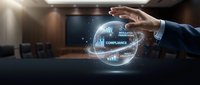 Businessman hand protecting glowing compliance sphere with data charts in modern office environment representing corporate governance and regulatory standards.