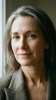 Mature Caucasian businesswoman with gray hair in professional blazer looking confident by window in natural light for corporate headshot photography.