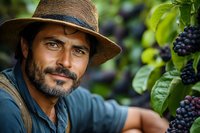 Hispanic male farmer with beard and straw hat smiling while harvesting ripe coffee cherries on plantation. Natural sunlight illuminates coffee plants and berries.