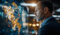 Mature businessman in suit looking at glowing digital world map with blue and gold particle visualization, representing global business connectivity.