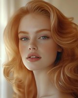 Young Caucasian woman with strawberry blonde wavy hair, natural makeup, and freckles gazes confidently at camera. Soft lighting creates warm glow on fair skin.