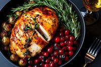 Roasted chicken breast with honey glaze served on black plate with fresh cranberries, baby potatoes and rosemary sprigs, elegant holiday dinner setting.
