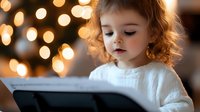 Young girl with curly hair in white sweater reading book against blurred Christmas lights background, creating magical holiday atmosphere and cozy evening mood.