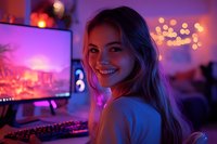 Young Caucasian woman smiling at gaming setup with neon purple and pink lighting, long blonde hair, computer monitor and keyboard visible in background with bokeh effects.