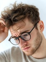 Stressed young Caucasian man with glasses holding head in hand showing headache, fatigue or mental exhaustion for health and wellness concepts.