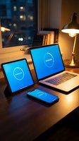 Modern workspace with laptop, tablet and smartphone displaying synchronized blue interface screens on wooden desk with warm evening lighting and city view.