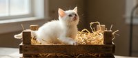 Adorable white kitten sitting in rustic wooden crate filled with golden straw, bathed in warm natural sunlight streaming through window in cozy home interior.