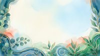 Watercolor botanical frame with flowing blue waves and green foliage borders, isolated on white background, suitable for invitations, greeting cards, and design templates.