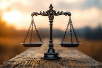 Vintage scales of justice on wooden surface against blurred sunset background, symbolizing law, balance and legal system in dramatic lighting.