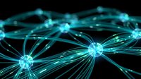 Abstract digital network with glowing cyan nodes and connecting lines on dark background for technology and data visualization concepts.