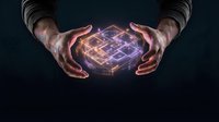 Hands protecting glowing digital brain with neural network connections representing artificial intelligence, machine learning and cognitive technology innovation.