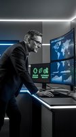 Middle-aged Caucasian businessman analyzing global sustainability data on multiple monitors in modern control room for environmental technology solutions.