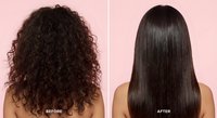 Hair straightening transformation showing curly to sleek straight hair before and after treatment results on pink background for beauty salon services.