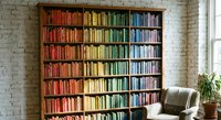 Large wooden bookshelf with colorful books arranged by color gradient from red to blue in bright modern living room with white brick wall and armchair.