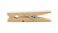 Wooden clothespin with metal spring mechanism isolated on white background, ready for laundry, crafts, and design projects.