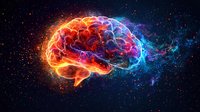 Glowing human brain with vibrant red and blue energy waves against dark cosmic background, depicting neural activity and consciousness in artistic style.