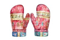 Red winter mittens with folk ornament pattern and stars watercolor illustration on white background, isolated design element for seasonal decor.