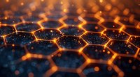 Glowing orange hexagonal grid pattern with dark blue background, creating futuristic technology concept for digital network or blockchain visualization.