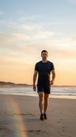 Male athlete jogging on sandy beach at sunset wearing black athletic shirt and shorts. Fit runner training outdoors during golden hour with ocean waves and cloudy sky backdrop.