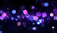 Glowing hexagonal shapes in purple and blue colors floating on dark background with sparkles and bokeh effects create magical atmosphere for technology designs.