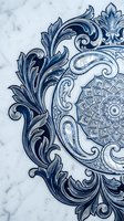 Ornate blue baroque mandala with decorative flourishes on white marble background for luxury interior design and elegant branding projects.