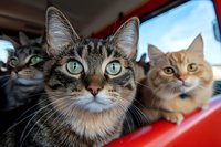 Curious tabby cats with bright eyes looking through car window, close-up portrait of domestic pets during travel or road trip, focus on expressive feline faces.