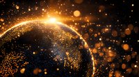 Glowing digital Earth with golden light particles and network connections against dark background, representing global technology and communications.