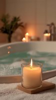 Aromatic candle on wooden coaster beside bathtub with turquoise water, creating relaxing spa atmosphere with soft candlelight in background.