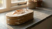 Handcrafted wooden oval box with intricate fern leaf pyrography design on rustic kitchen counter near window for artisan home decor and storage solutions.