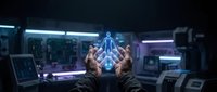 Hands holding glowing blue holographic spaceship in futuristic control room with advanced technology displays and neon lighting for sci-fi concepts.