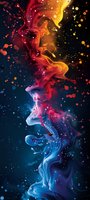 Vibrant liquid splash in motion against dark background, transitioning from deep blue to fiery orange and red, with scattered droplets creating cosmic effect.